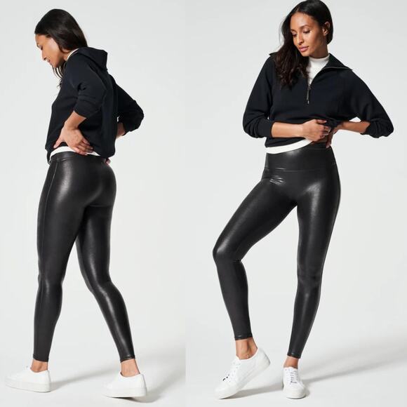 Spanx Women's Faux Leather Leggings Black Shaping Contour Waistband Size XS
